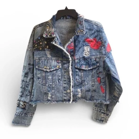 PQUCE One of a Kind Hand Painted Studded Acid Wash Denim Jacket Size M - Picture 4 of 9